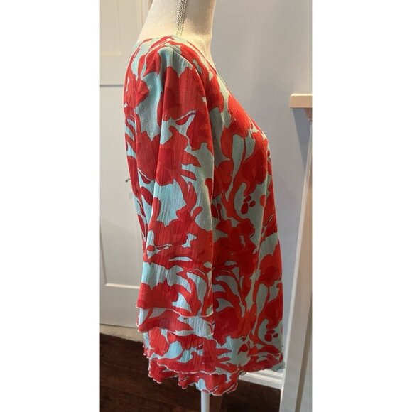 SOFT SURROUNDINGS Blouse Top M Blue Red Orange Floral Cotton Gauze Coastal - Picture 8 of 10